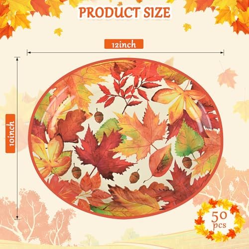 Fall Thanksgiving Maple Leaves Disposable Oval Paper Party Plates in 10 x 12 inch in orange, dark red, green, alternate view