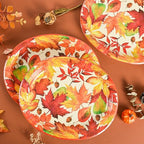 Fall Thanksgiving Maple Leaves Disposable Oval Paper Party Plates in 10 x 12 inch in orange, dark red, green, alternate view