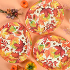 Fall Thanksgiving Maple Leaves Disposable Oval Paper Party Plates in 10 x 12 inch in orange, dark red, green, alternate view