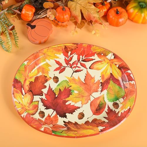Fall Thanksgiving Maple Leaves Disposable Oval Paper Party Plates in 10 x 12 inch in orange, dark red, green, alternate view