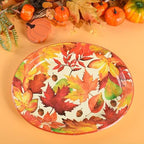 Fall Thanksgiving Maple Leaves Disposable Oval Paper Party Plates in 10 x 12 inch in orange, dark red, green, alternate view