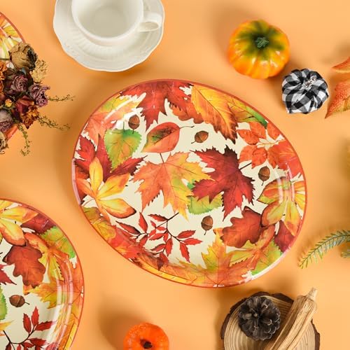 Fall Thanksgiving Maple Leaves Disposable Oval Paper Party Plates in 10 x 12 inch in orange, dark red, green, alternate view