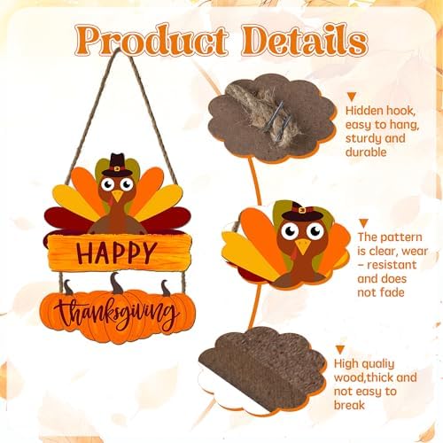 Fall Thanksgiving Turkey Sign for Front Door 14.5"x11.5" Happy Thanksgiving Decor Door Hanging Sign and Plaque, alternate