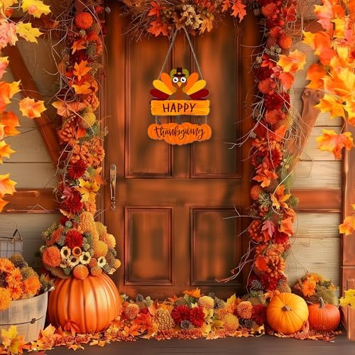 Fall Thanksgiving Turkey Sign for Front Door 14.5"x11.5" Happy Thanksgiving Decor Door Hanging Sign and Plaque, alternate