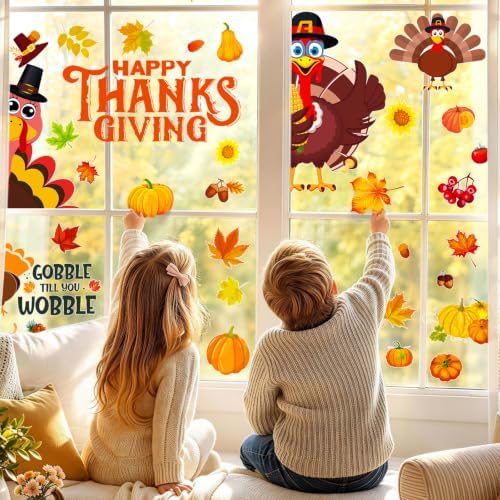 Fall Thanksgiving Window Clings Static Window Decal for Fall Décor in Brown, Yellow, alternate view 2