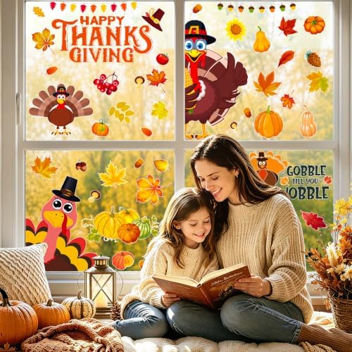 Fall Thanksgiving Window Clings Static Window Decal for Fall Décor in Brown, Yellow, alternate view 3