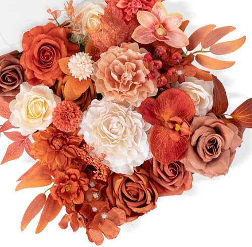 Fall Wedding Artificial Flowers Combo, Orange & Cream Roses in Terracotta Orange