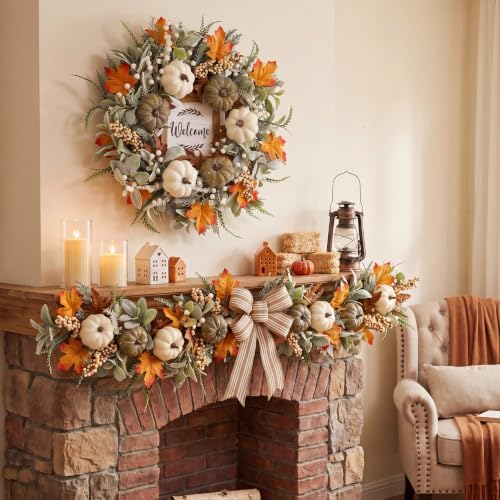 Fall Wreath 23’’ for Front Door with Sign for Thanksgiving Autumn, alternate view 3