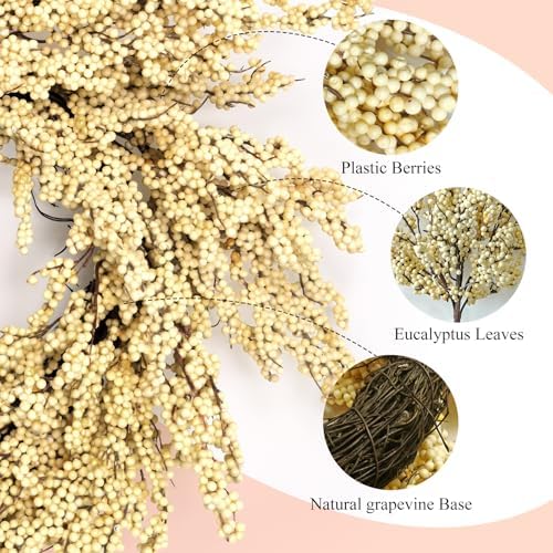 Fall Wreath Artificial 24 inch White Berry Wreaths, alternate view 3