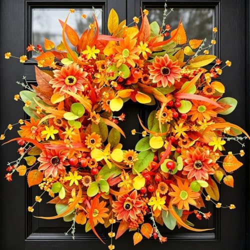 Fall Wreath for Front Door, 24 Inch Autumn Wreath with Berries, Lemon Leaves, Oak Leaves, and Maple Leaves Fall