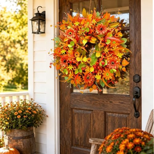 Fall Wreath for Front Door, 24 Inch Autumn Wreath with Berries, Lemon Leaves, Oak Leaves, and Maple Leaves Fall, alternate