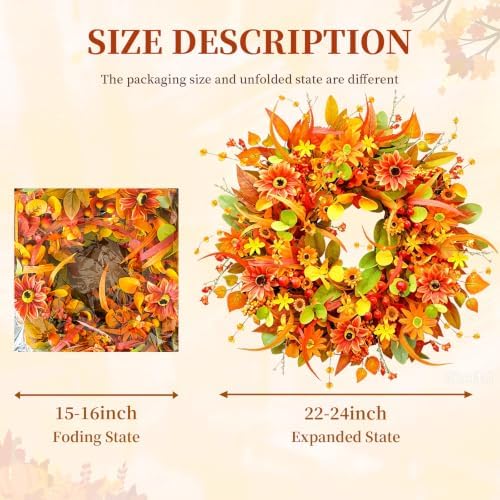 Fall Wreath for Front Door, 24 Inch Autumn Wreath with Berries, Lemon Leaves, Oak Leaves, and Maple Leaves Fall, alternate