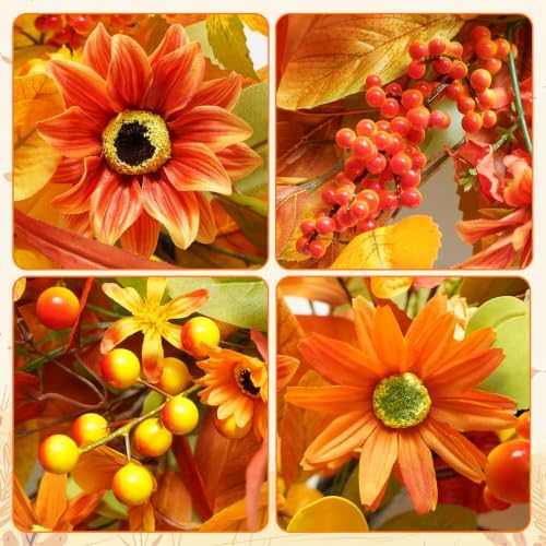 Fall Wreath for Front Door, 24 Inch Autumn Wreath with Berries, Lemon Leaves, Oak Leaves, and Maple Leaves Fall, alternate