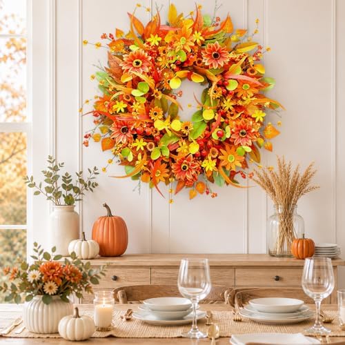 Fall Wreath for Front Door, 24 Inch Autumn Wreath with Berries, Lemon Leaves, Oak Leaves, and Maple Leaves Fall, alternate