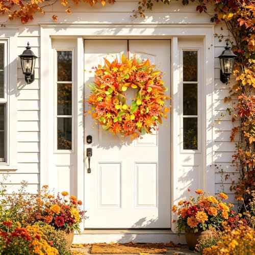 Fall Wreath for Front Door, 24 Inch Autumn Wreath with Berries, Lemon Leaves, Oak Leaves, and Maple Leaves Fall, alternate