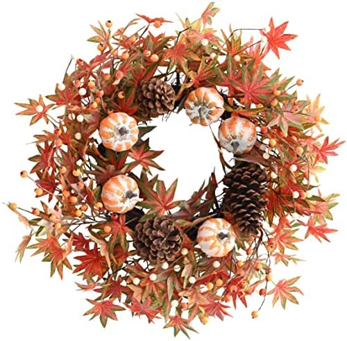 Fall Wreath for Front Door Artificial Autumn Grapevine Wreath with Berry Branches Farmhous Maple Leaves Wreath