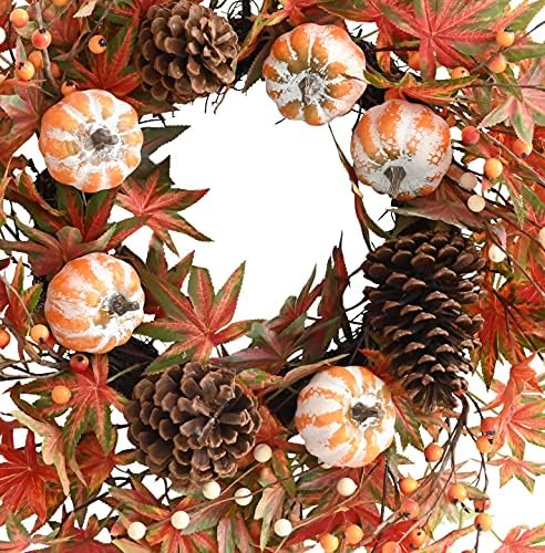 Fall Wreath for Front Door Artificial Autumn Grapevine Wreath with Berry Branches Farmhous Maple Leaves Wreath, alternate