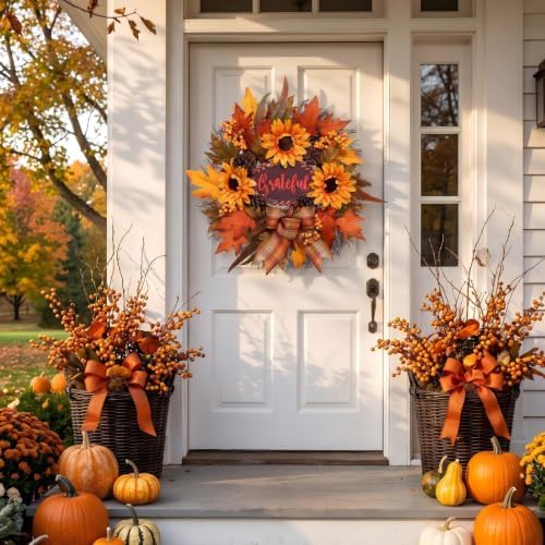 Fall Wreath for Front Door, Autumn Sunflower Wreath, Harvest Decor in Orange, alternate view 5