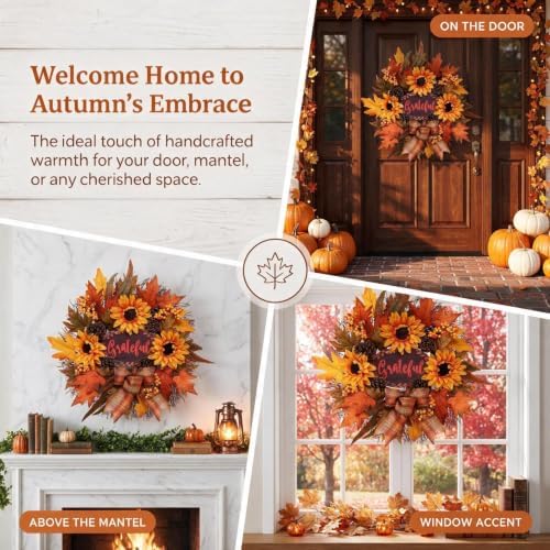 Fall Wreath for Front Door, Autumn Sunflower Wreath, Harvest Decor in Orange, alternate view 6