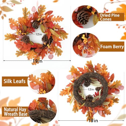 Fall Wreaths for Front Door 19 inch Fall Wreath Artificial Maple Leaves Pine Cones with Berry Autumn Leaf, alternate view 2