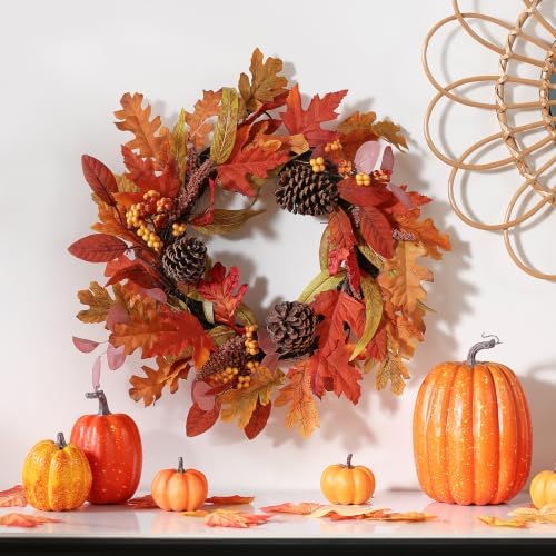 Fall Wreaths for Front Door 19 inch Fall Wreath Artificial Maple Leaves Pine Cones with Berry Autumn Leaf, alternate view 3