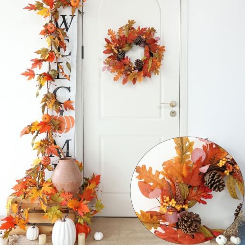Fall Wreaths for Front Door 19 inch Fall Wreath Artificial Maple Leaves Pine Cones with Berry Autumn Leaf, alternate view 4