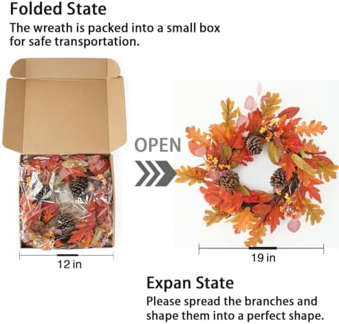 Fall Wreaths for Front Door 19 inch Fall Wreath Artificial Maple Leaves Pine Cones with Berry Autumn Leaf, alternate view 6