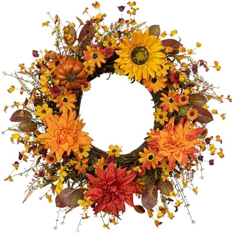 Fall Wreaths for Front Door 20 Inch Artificial Fall Wreath Autumn Flower Wreath with Sunflower Daisy Dahlia