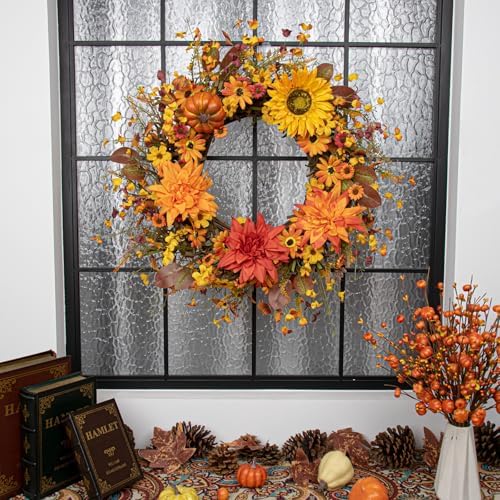 Fall Wreaths for Front Door 20 Inch Artificial Fall Wreath Autumn Flower Wreath with Sunflower Daisy Dahlia, alternate view 2