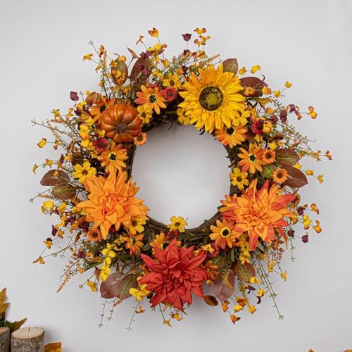 Fall Wreaths for Front Door 20 Inch Artificial Fall Wreath Autumn Flower Wreath with Sunflower Daisy Dahlia, alternate view 3
