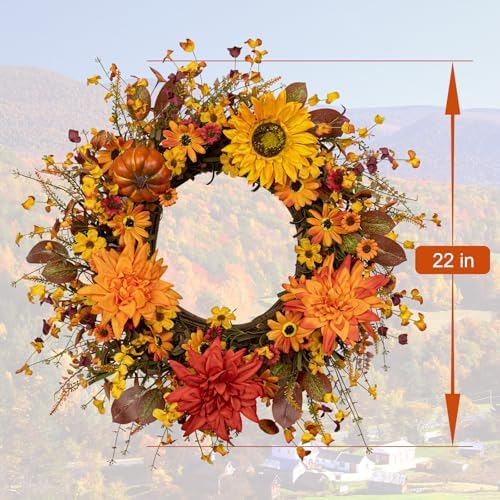 Fall Wreaths for Front Door 20 Inch Artificial Fall Wreath Autumn Flower Wreath with Sunflower Daisy Dahlia, alternate view 4