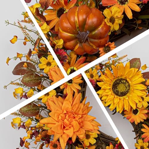 Fall Wreaths for Front Door 20 Inch Artificial Fall Wreath Autumn Flower Wreath with Sunflower Daisy Dahlia, alternate view 5