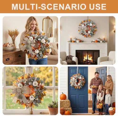 Fall Wreaths for Front Door 22 Inch Autumn Pumpkin Wreath with Orange Maple Leaves Eucalyptus Leaves White, alternate view 3