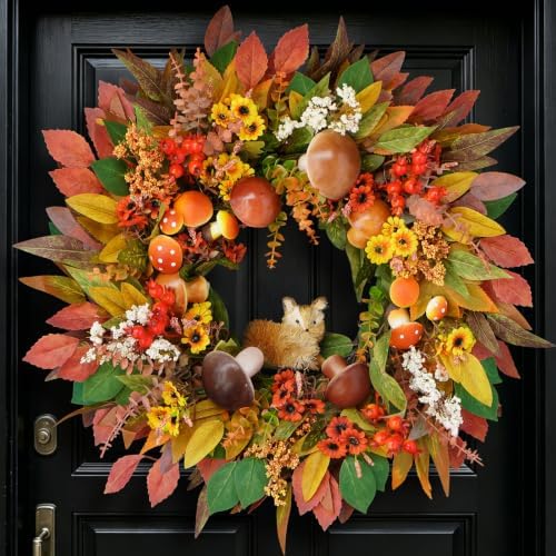 Fall Wreaths for Front Door 24" Fox Fall Door Wreath with Forest Mushrooms