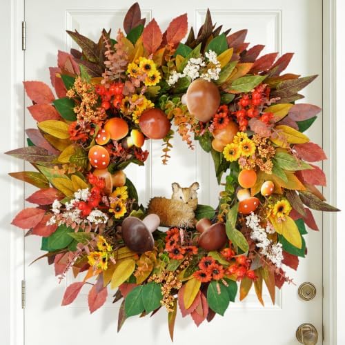 Fall Wreaths for Front Door 24" Fox Fall Door Wreath with Forest Mushrooms, alternate view 2