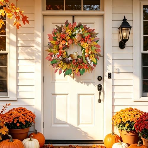 Fall Wreaths for Front Door 24" Fox Fall Door Wreath with Forest Mushrooms, alternate view 3