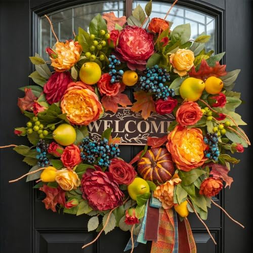 Fall Wreaths for Front Door, 24 In Autumn Harvest Wreath for Thanksgiving