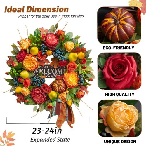 Fall Wreaths for Front Door, 24 In Autumn Harvest Wreath for Thanksgiving, alternate view 3