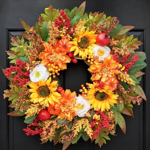Fall Wreaths for Front Door, 24 Inch Autumn Wreath Luxury Harvest and Thanksgiving Indoor & Outdoor, Fall Door