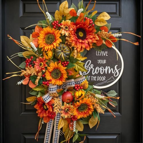 Fall Wreaths for Front Door 24 Inch Outside, Autumn Rustic Sunflower Wreath in Orange