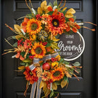 Fall Wreaths for Front Door 24 Inch Outside, Autumn Rustic Sunflower Wreath in Orange