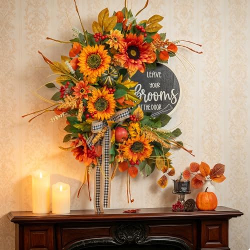 Fall Wreaths for Front Door 24 Inch Outside, Autumn Rustic Sunflower Wreath in Orange, alternate view 2