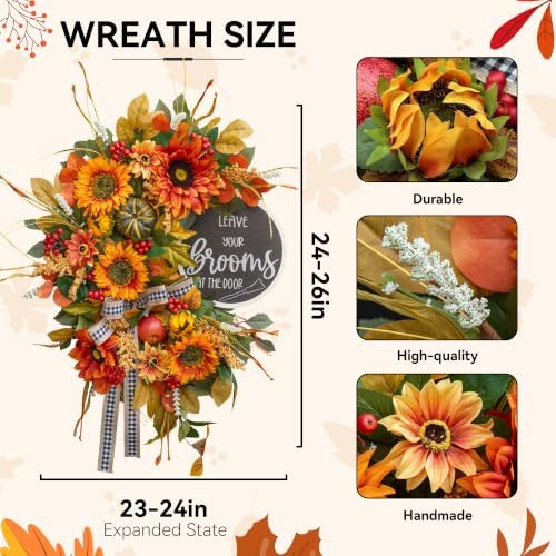 Fall Wreaths for Front Door 24 Inch Outside, Autumn Rustic Sunflower Wreath in Orange, alternate view 4