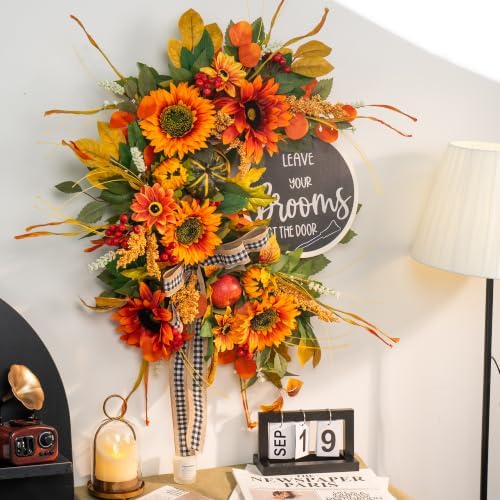 Fall Wreaths for Front Door 24 Inch Outside, Autumn Rustic Sunflower Wreath in Orange, alternate view 6