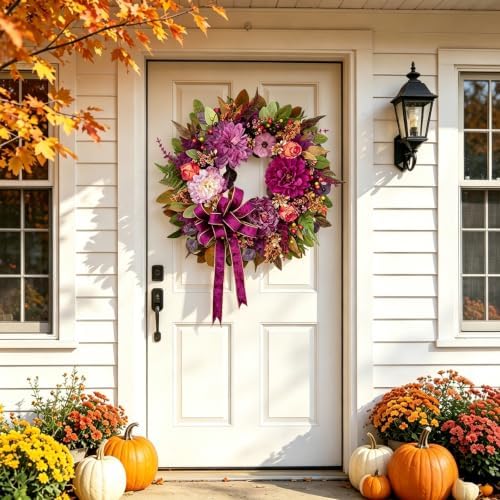 Fall Wreaths for Front Door 24" Vintage Autumn Wreath with Velvet Bow, alternate view 5