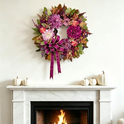 Fall Wreaths for Front Door 24" Vintage Autumn Wreath with Velvet Bow, alternate view 6