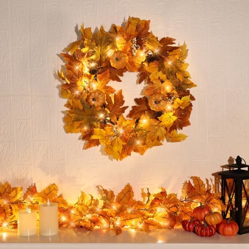 Fall Wreaths for Front Door Outside Autumn Wreath with Lights Berries Pine Cones Fall Decorations for Home Decor, alternate