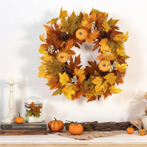 Fall Wreaths for Front Door Outside Autumn Wreath with Lights Berries Pine Cones Fall Decorations for Home Decor, alternate