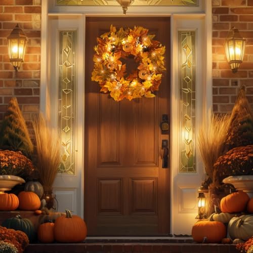 Fall Wreaths for Front Door Outside Autumn Wreath with Lights Berries Pine Cones Fall Decorations for Home Decor, alternate