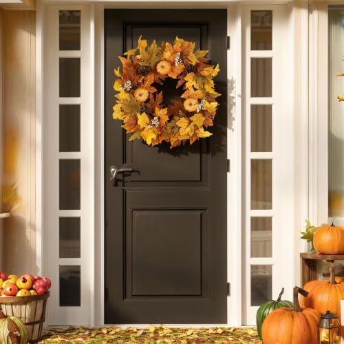 Fall Wreaths for Front Door Outside Autumn Wreath with Lights Berries Pine Cones Fall Decorations for Home Decor, alternate